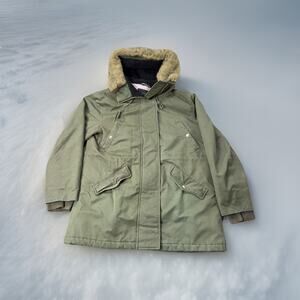 JCrew Perfect Winter Parka Olive Quilted Lined Faux Fur Hood Coat Womens *L